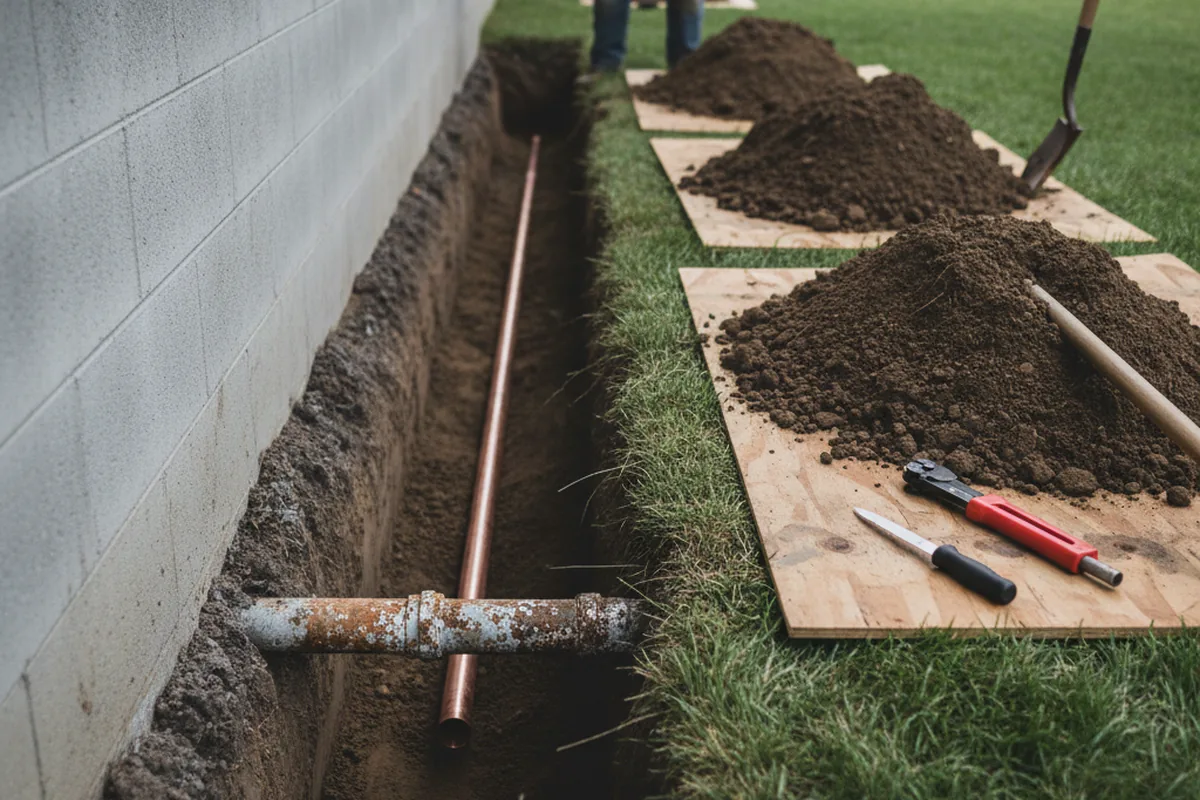 Excavated water line trench during Sewer Line Repair in Roland